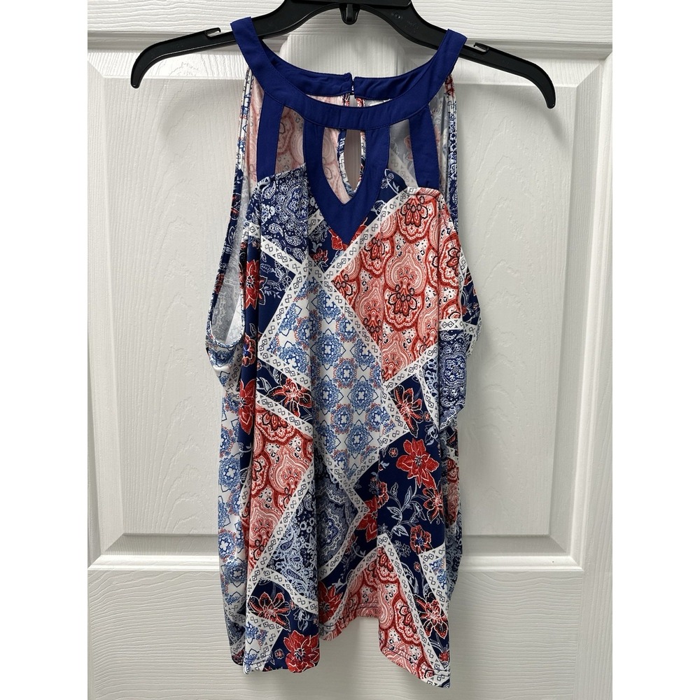 FLT Studio Red White Blue 4th of July Independence Day Sleeveless Top XL Satiny